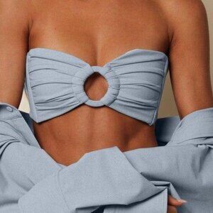 Montce x Olivia Culpo Light Denim Tori Ties Bandeau Bikini Top, Medium